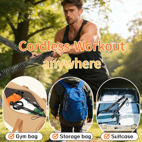 Man using Cordless Battle Rope For Home Gym Grab And Go Training, Portable Rope Fitness Equipment For HIIT outdoors, shown in bags