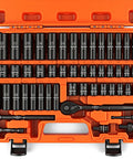 Heavy Duty 50 Piece Three Eighth Inch Drive Impact Socket Set With SAE And Metric Sizes Six Point Chrome Vanadium Sockets Pro Grade Ratchet Wrench Extension Bar And Universal Joint For Tough Auto And Garage Projects in orange case