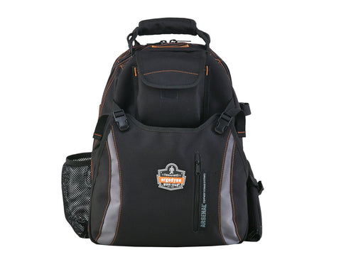 Front view of Arsenal 5843 Tool Backpack with dual compartments for pros, heavy duty 1200D ballistic polyester, black color.