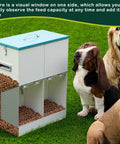 Heavy Duty Gravity Dog Feeder For Two Paw Pals With Forty Six Pound Capacity, galvanized build, features visual window and three chutes.