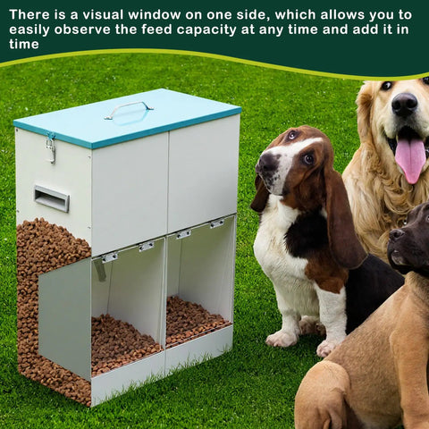 Heavy Duty Gravity Dog Feeder For Two Paw Pals With Forty Six Pound Capacity, galvanized build, features visual window and three chutes.