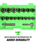 CrMo Impact Nut And Bolt Extractor Kit, 18 Piece Set, Three Eighths Inch Drive, chrome moly steel in green case
