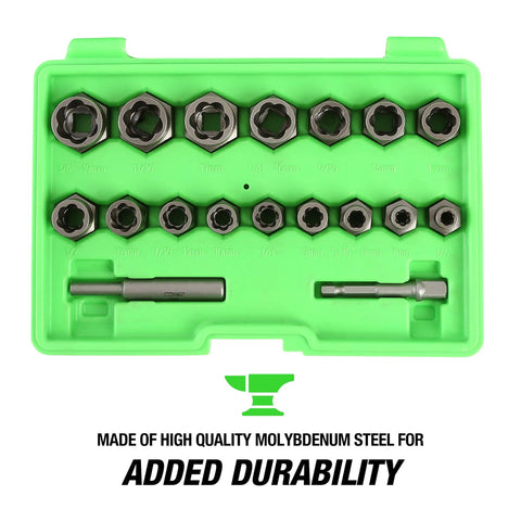 CrMo Impact Nut And Bolt Extractor Kit, 18 Piece Set, Three Eighths Inch Drive, chrome moly steel in green case