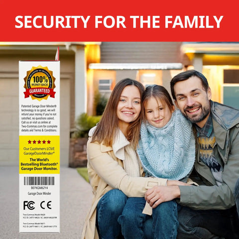 Family outside home with Fully Wireless Garage Door Monitor System With Whole House Alerts And Custom Beeps Lights And Delays No WiFi Needed Two Minute Install Perfect For Seniors And Peace Of Mind Across Your Home box