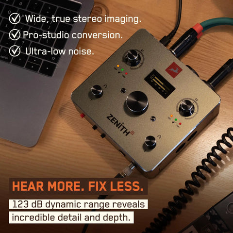 Zenith 2 USB C Audio Interface For Guitar, Vocals, Streaming And Podcasting with knobs and cables on wooden surface