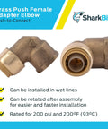 Half Inch To Half Inch Push To Connect 90 Degree Female Elbow Brass Plumbing Fitting For PEX Copper CPVC PE-RT SDR-9 HDPE Pipe