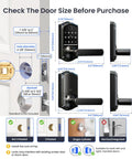 Genuine Matte Black Smart Lever Lock Boasting Hella Fast AI Fingerprint Unlock dimensions and installation guide on a door.