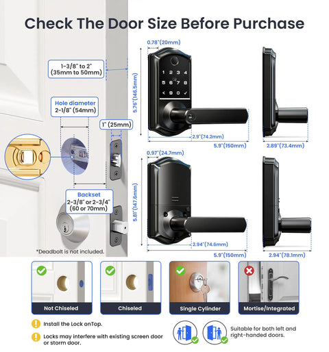 Genuine Matte Black Smart Lever Lock Boasting Hella Fast AI Fingerprint Unlock dimensions and installation guide on a door.