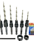 Adjustable Wood Countersink Drill Bit Set For Woodworking Six Sizes With Tapered Bits shown with wrench and depth stops