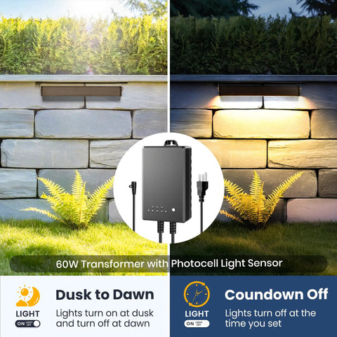 Dope LED Retaining Wall Lighting Kit with 12V Low Voltage Transformer illuminating patio steps at dusk and dawn.