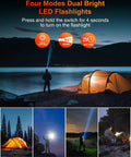 Person using Solar Charger Power Bank 40000mAh With PD 20W Fast Charging Built In 4 Cables Dual Bright Flashlights IP67 Waterproof Outdoor Phone Charger For Camping Hiking And All Day Adventures with tent and flashlight at night
