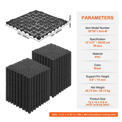 Stack of black Interlocking Drainage Floor Tiles 55 Pack 12 by 12 Inches Non Slip Soft PVC Mats with 0.6 inch pin support