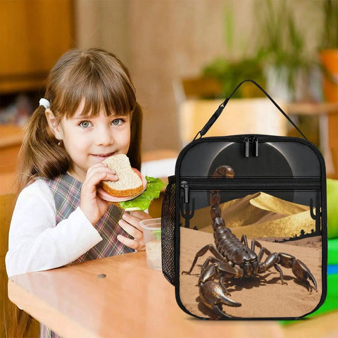 Girl with Desert Scorpion Eclipse Insulated Lunch Box For Women And Men, showing design with scorpion and desert theme.