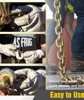 Quarter Inch Clevis Grab Hooks Four Pack Beefy Heavy Duty Chain Hooks for Grade 70 Chains in use on trailer with gloves