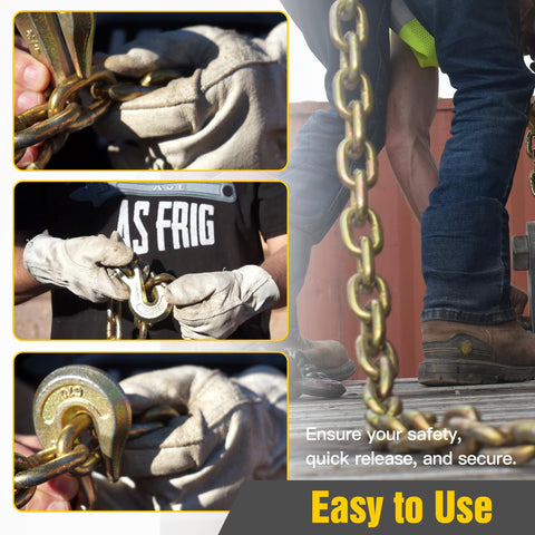 Quarter Inch Clevis Grab Hooks Four Pack Beefy Heavy Duty Chain Hooks for Grade 70 Chains in use on trailer with gloves