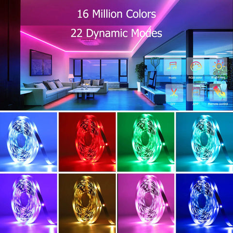 Music Sync RGB LED Strip Lights With App And Remote Control 50 Ft Two Rolls Multicolor Ambiance in a living room setup