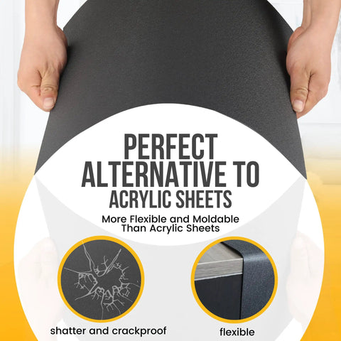 Person bending a sheet displaying Eight Pack Black ABS Plastic Sheets 12 By 16 Inches One Sixteenth Inch Thick Textured Front Matte Back Moldable Craft Plastic For DIY Projects More Flexible Than Acrylic And Plexiglass