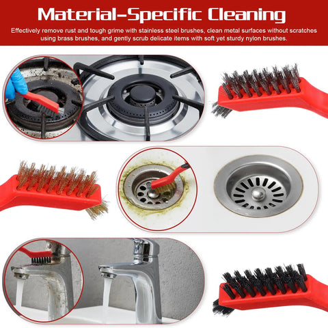 30 Piece Wire Brush Set With Nylon Stainless Steel And Brass Bristles And Curved Handles cleaning stove and sink areas