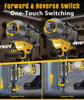 Pro Shop Three Quarter Inch Cordless Brushless Impact Wrench with forward and reverse switch, showing tightening and loosening nuts.