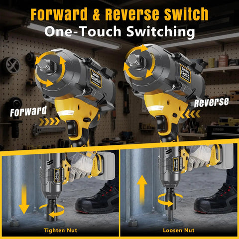 Pro Shop Three Quarter Inch Cordless Brushless Impact Wrench with forward and reverse switch, showing tightening and loosening nuts.