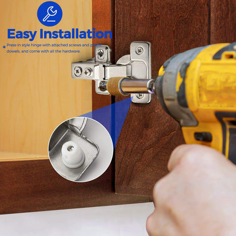 Installation of 20 Pack 10 Pairs Half Inch Overlay Brushed Nickel Short Arm Kitchen Cabinet Hinges With Soft Close 105 Degree Concealed Hinges Includes Screwdriver And Mounting Screws For Face Frame Doors Ravinte on a wooden cabinet.