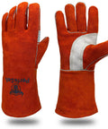 14 Inch 932F Heat Resistant Leather Welding Gloves For TIG MIG And Stick Welding, Heavy Duty Fireproof Mitts, Red Front View