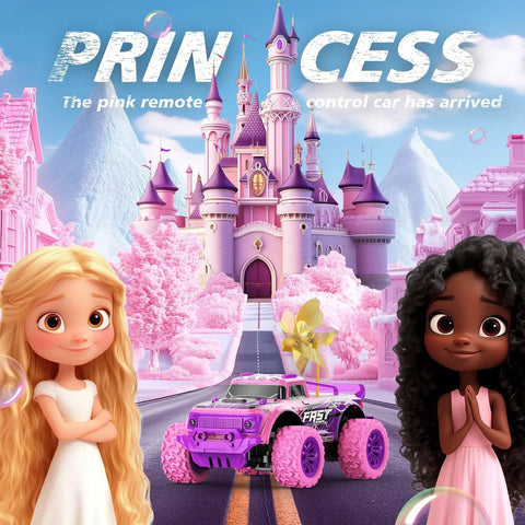 Pink Purple 1:20 Scale RC Monster Truck With LED Lights cruising in front of a fantasy castle, DIY windmills attached, colorful scene