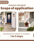 Industrial Grade Wall Mount Handrails For Outdoor Steps And Decks Featuring Wrought Iron Safety Rails With Curved Grips, gray color, applicable for 1 to 2 steps.