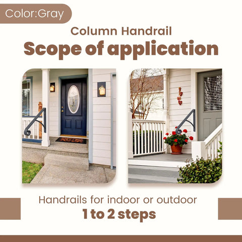 Industrial Grade Wall Mount Handrails For Outdoor Steps And Decks Featuring Wrought Iron Safety Rails With Curved Grips, gray color, applicable for 1 to 2 steps.