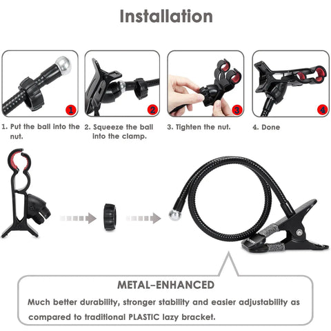 Installation guide for Badass Flex Gooseneck Cell Phone Holder For Desk And Bedside Ultra Tough Long Arm Clip Mount in black.