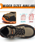 Top view of olive green Waterproof Steel Toe Work Boots For Men With Wide Toe Design, featuring non slip outsole and durable leather.