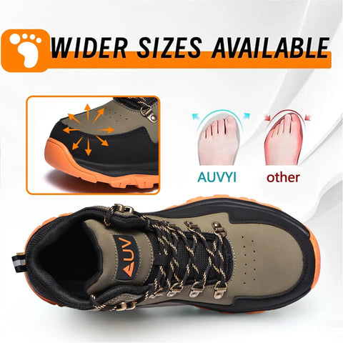 Top view of olive green Waterproof Steel Toe Work Boots For Men With Wide Toe Design, featuring non slip outsole and durable leather.