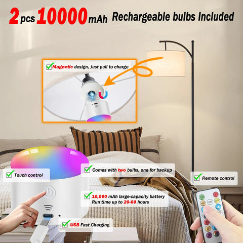 Go Anywhere Cordless Battery Powered Floor Lamp With Remote Control, featuring touch control and charging features in a room.