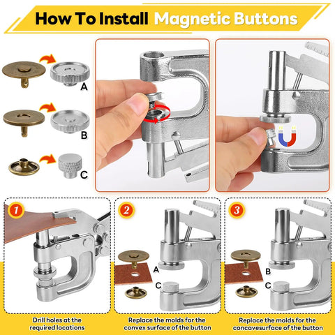 2-In-1 Leather Rivet and Magnetic Snap Fastener Kit With Pliers, 180-Piece Set installation guide for magnetic buttons