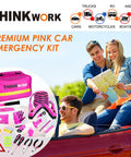 Pink Car Emergency Kit For Women And Teens, Roadside Help Essentials with pink tool set, jumper cables, first aid kit shown