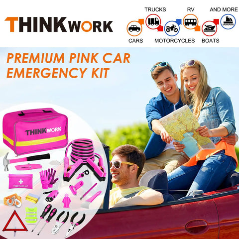 Pink Car Emergency Kit For Women And Teens, Roadside Help Essentials with pink tool set, jumper cables, first aid kit shown