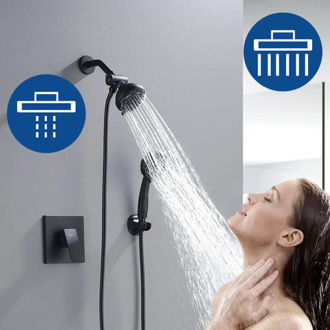 Matte Black High Pressure Shower System With Six Setting Rain Shower Head And Handheld Combo Including Pressure Balance Valve