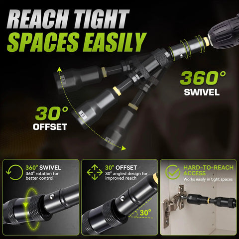Magnetic Socket Set For Power Drill With Quick Release Extension showcasing 360° swivel and 30° offset for tight spaces.