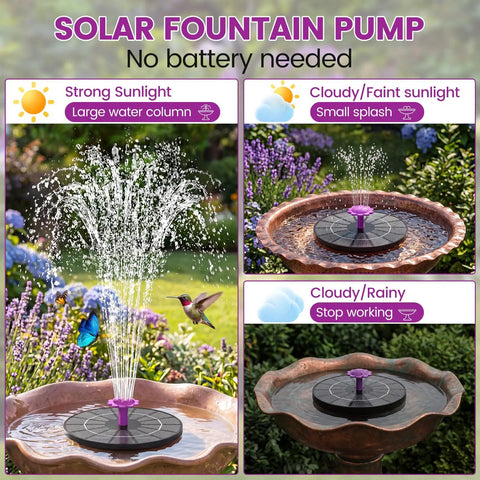 Solar Powered Fountain Pump For Bird Bath With Six Nozzles, adjustable spray, various sunlight effects, garden setting.