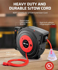 Retractable Extension Cord Reel With 40 Ft Heavy Duty Power Cord 12/3C SJTOW Lighted Triple Tap Outlets 15A Circuit Breaker, red case.
