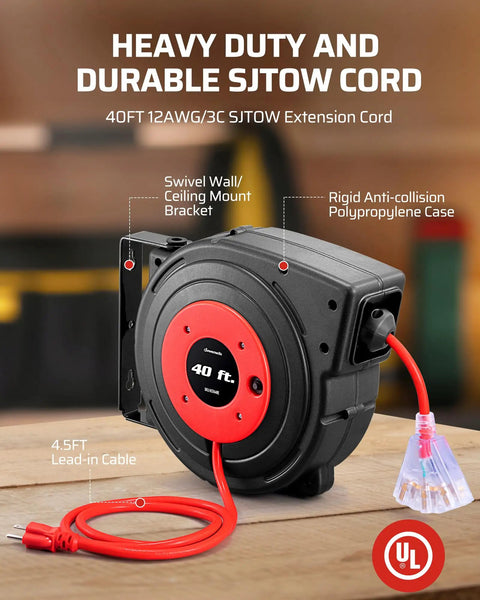 Retractable Extension Cord Reel With 40 Ft Heavy Duty Power Cord 12/3C SJTOW Lighted Triple Tap Outlets 15A Circuit Breaker, red case.