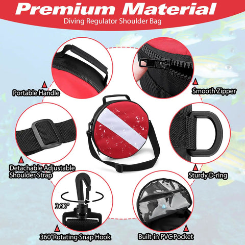 Portable Scuba Regulator Bag for Divers with details on handle, zipper, adjustable strap, snap hook, and PVC pocket.