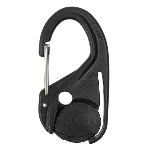 CamJam Rope Tie Down Tightener with Carabiner Clip, black, for securing light loads, close-up view