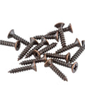 Badass Gauge 5 X 5 Eighth Inch Flat Head Wood Screws With Phillips Drive Antique Copper Finish on white background.