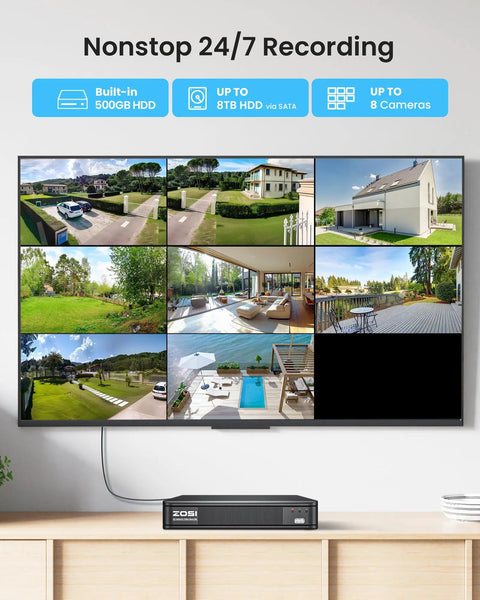 8-channel DVR displaying 8-camera setup from the 5MP 3K Lite CCTV Security System with AI Human and Vehicle Detection and 500GB HDD