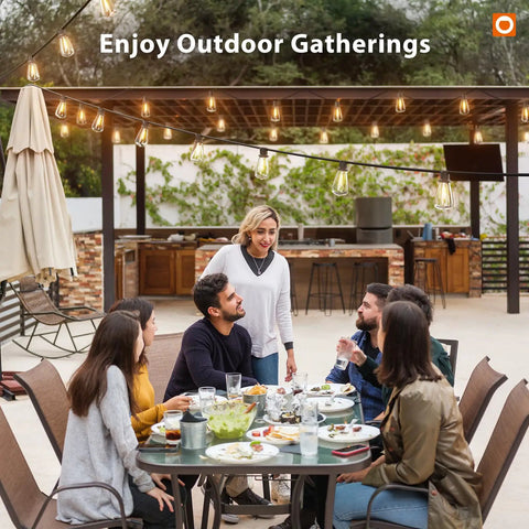 Outdoor gathering under Outdoor Solar String Lights 96 Ft With Remote Control 30 LED Bulbs Dimmable Waterproof Patio Lights