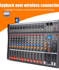 GX12 12 Channel Pro Mixer Console with USB Bluetooth MP3 input and 48V phantom power shown with wireless playback feature
