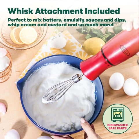 No Fuss Hand Immersion Blender With Attachable Whisk Piece 2 Speed 250 Watt Motor Dishwasher Safe Kitchen Game Changer For Quick Meals And Smooth Blends In Bold Red mixing cream in a blue bowl.