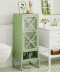 Heavy Duty Outdoor Storage Cabinet In Sage Green With Waterproof Rust Resistant Steel Construction, shown in bathroom