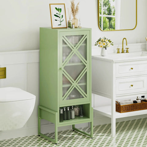 Heavy Duty Outdoor Storage Cabinet In Sage Green With Waterproof Rust Resistant Steel Construction, shown in bathroom